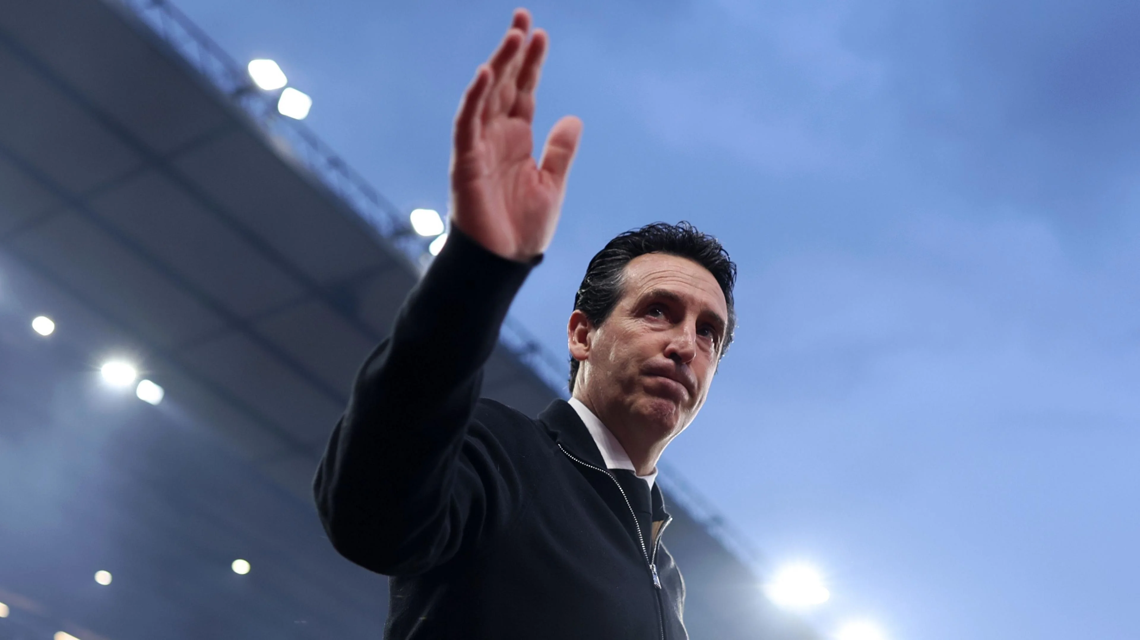 Unai Emery, Manager of Aston Villa, gestures as he walks out of the tunnel prior to the UEFA Europa League 2025/26 Quarter-Final Leg Two match between Aston Villa FC and Bologna FC 1909 