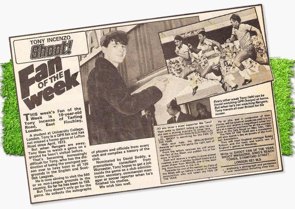 A photograph of football groundhopper Tony Incenzo featured in Shoot magazine in 1983