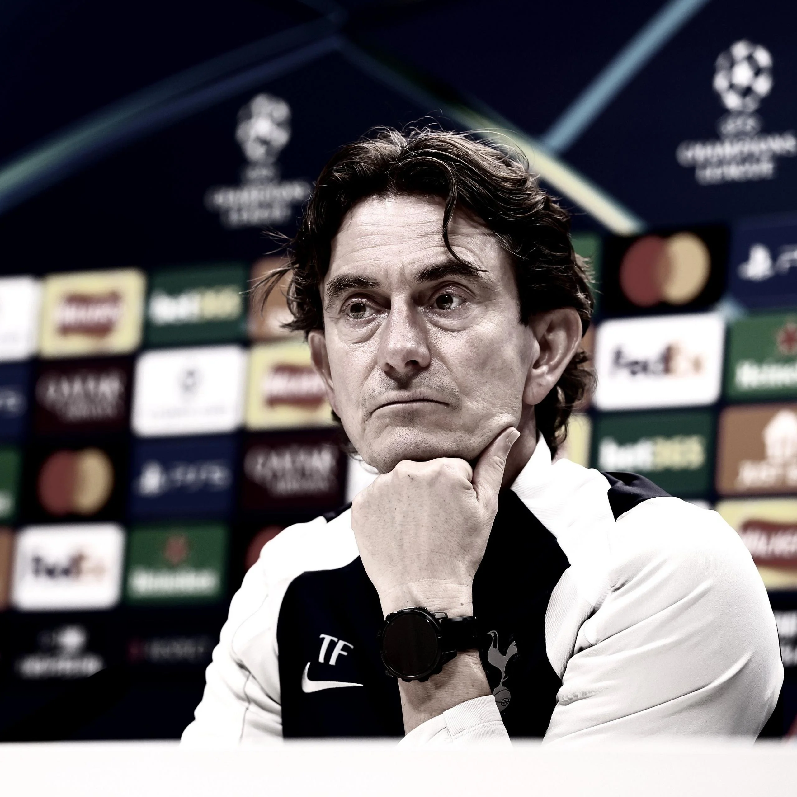 Thomas Frank looks pensive during a Tottenham news conference last month

