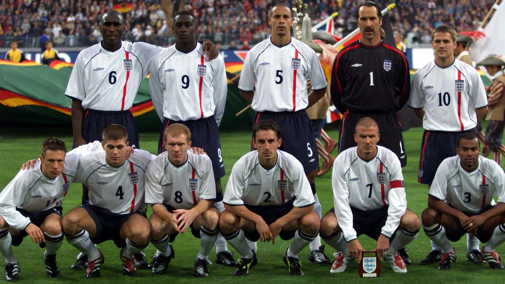 The England team that beat Germany 5-1 in 2001. Back Row (l-r) Sol Campbell, Emile Heskey, Rio Ferdinand, David Seaman and Michael Owen. Front Row (l-r): Nicky Barmby, Steven Gerrard, Paul Scholes, Gary Neville, David Beckham and Ashley Cole